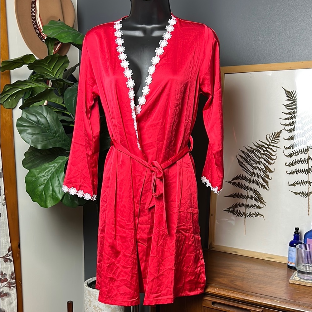 Red Women's Robe with White Trim silky feel